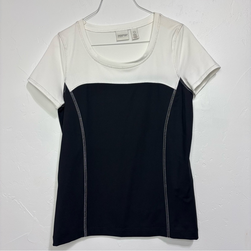 Zenergy by Chico's Two-Tone Black and White Short Sleeve Scoop Neck Top Size 0 S